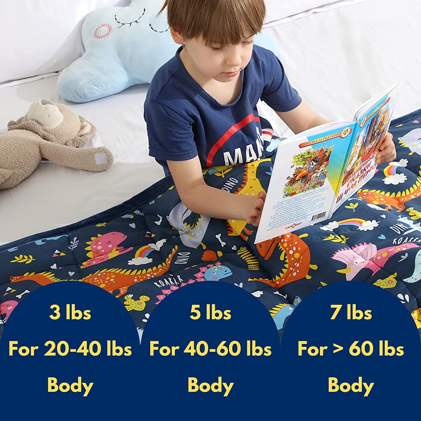 Minky Kids Weighted Blanket 5Lbs 36 X 48 Inches, Soft Kids and Toddler Comforter Great for Calming and Sleeping, Child Bed Size, Dinosaur-Blue