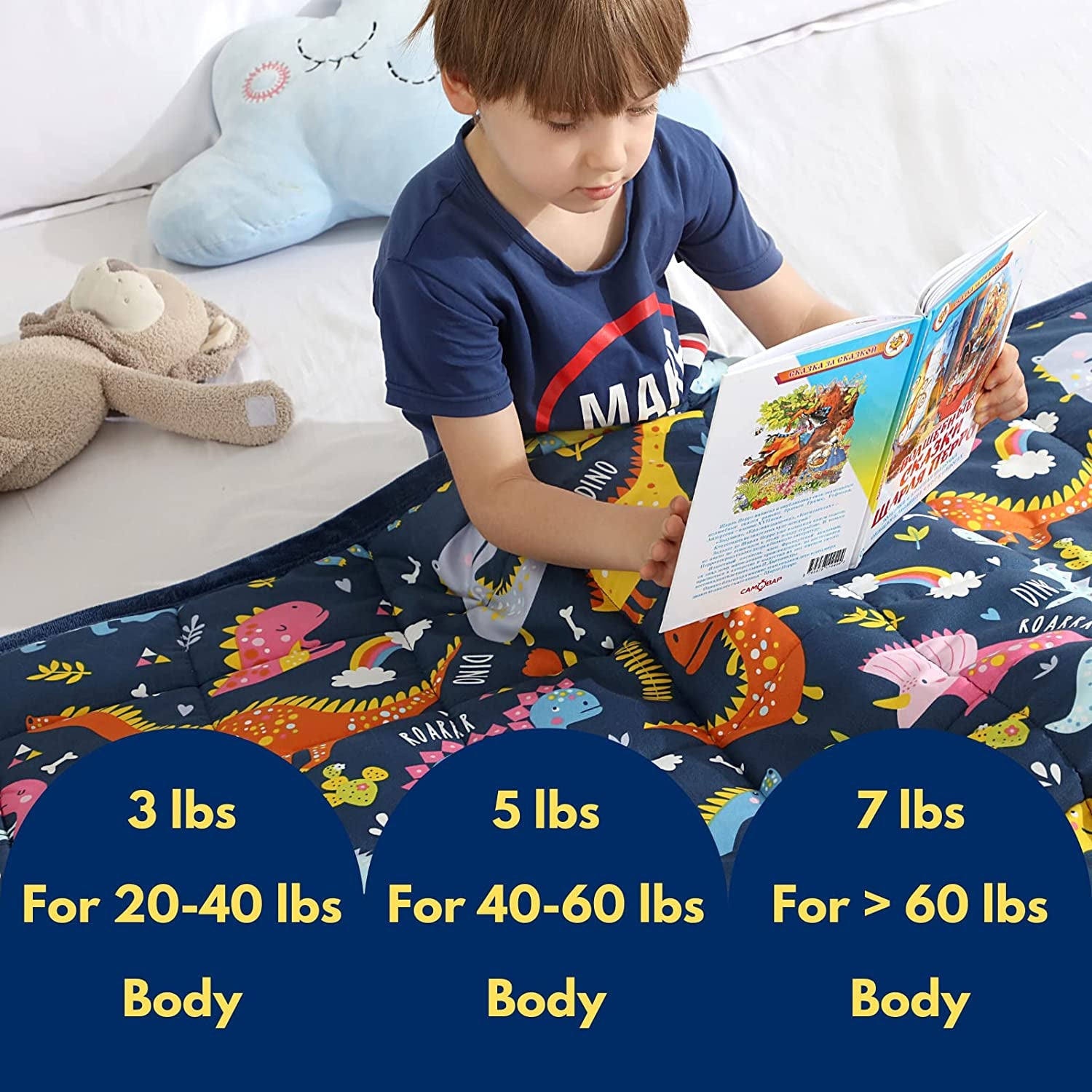 Minky Kids Weighted Blanket 5Lbs 36 X 48 Inches, Soft Kids and Toddler Comforter Great for Calming and Sleeping, Child Bed Size, Dinosaur-Blue