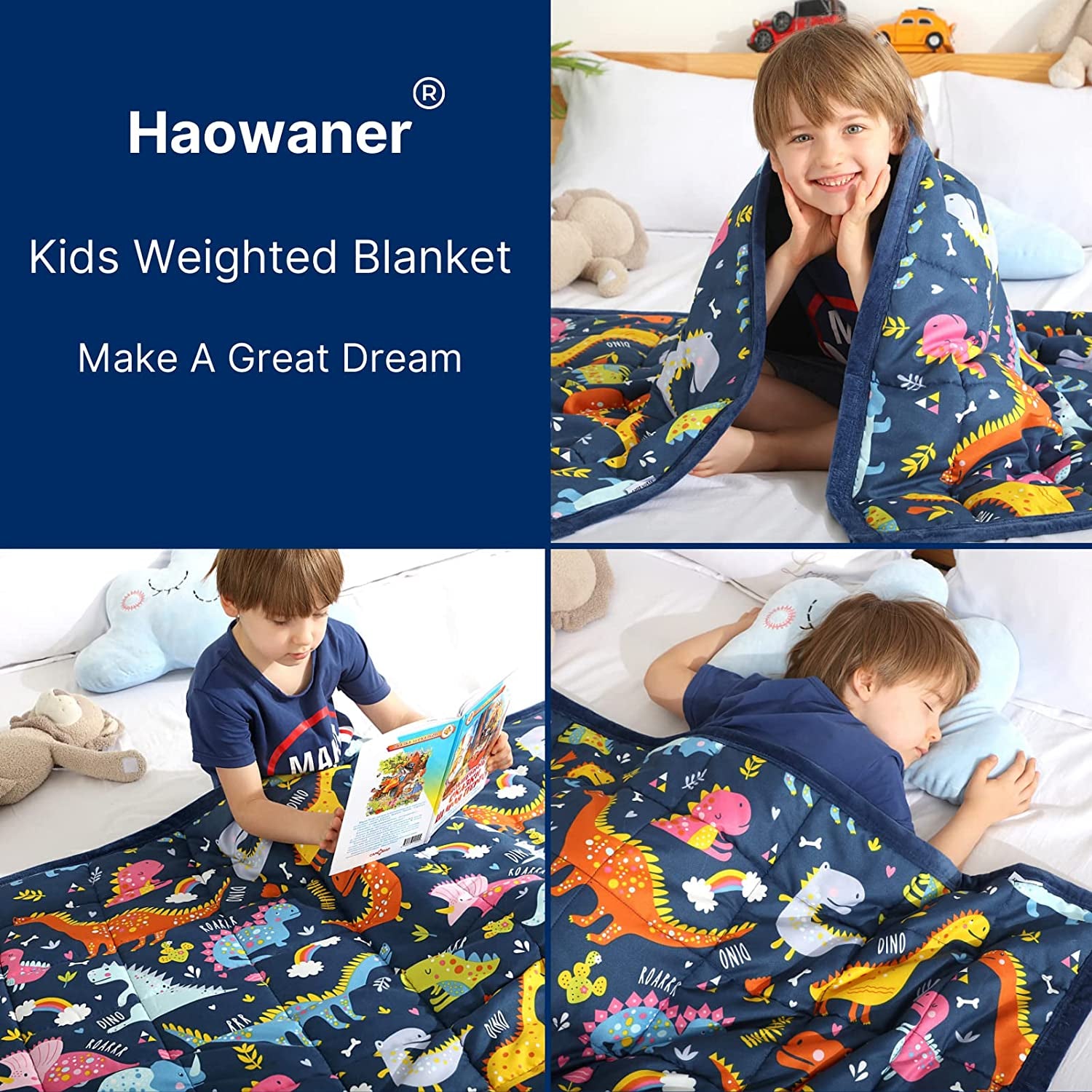 Minky Kids Weighted Blanket 5Lbs 36 X 48 Inches, Soft Kids and Toddler Comforter Great for Calming and Sleeping, Child Bed Size, Dinosaur-Blue