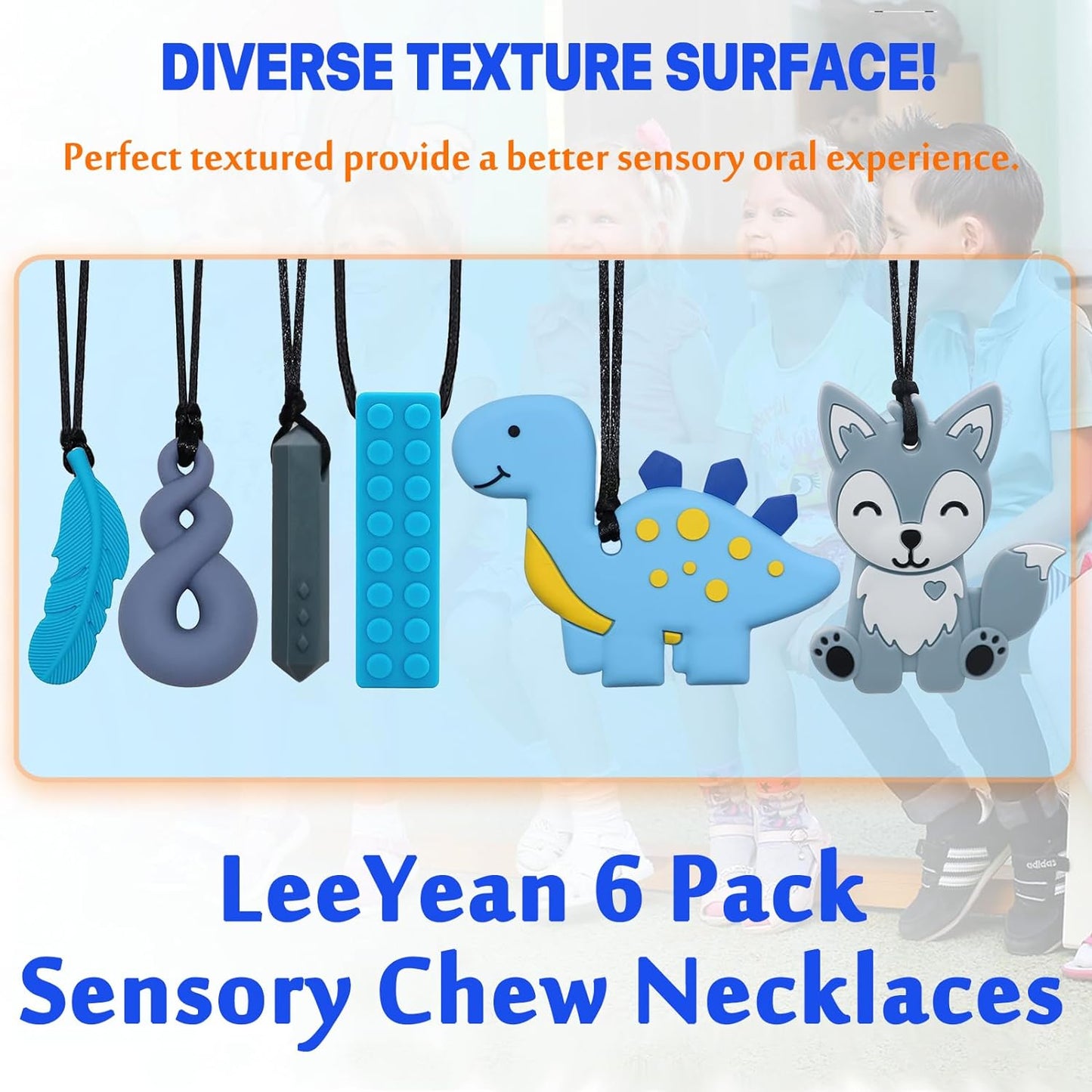 Chew Necklaces for Sensory Kids, 6 Pack Fox and Dinosaur Silicone Chewing Necklace for Boys and Girls with Autism, ADHD, SPD, Sensory Chewy Toys for Autistic Children Reduce Anxiety Fidgeting