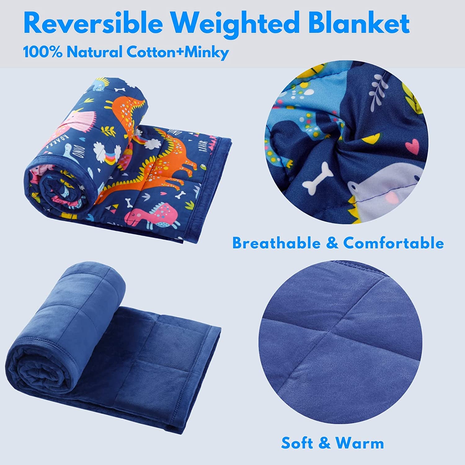 Minky Kids Weighted Blanket 5Lbs 36 X 48 Inches, Soft Kids and Toddler Comforter Great for Calming and Sleeping, Child Bed Size, Dinosaur-Blue