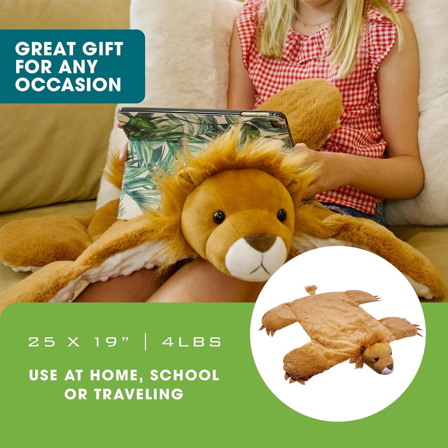 Weighted Lap Pad for Kids (25"X19", 4Lb) Lion, Sensory Weighted Stuffed Animals for Kids, Weighted Lap Blanket for Kids, Toddler, Teen, Removable, Washable Cover