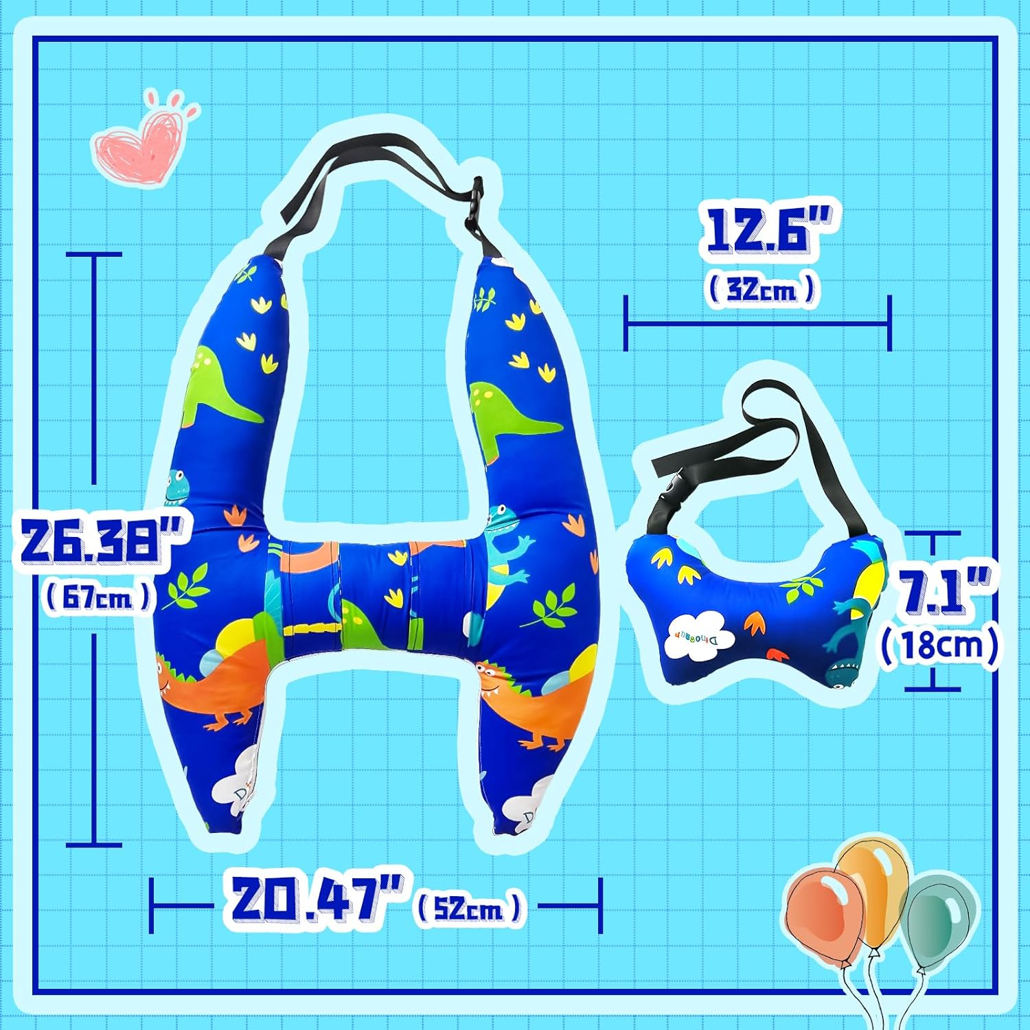 H-Shape Car Seat Pillow for Kids (Blue Dinosaur), Kids Car Pillows for Sleeping, Child Car Sleeping Head Support, Travel Neck Rest Car Seat Pillow for Children Sleeping
