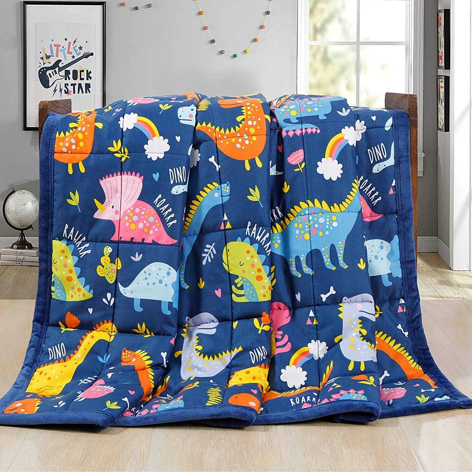 Minky Kids Weighted Blanket 5Lbs 36 X 48 Inches, Soft Kids and Toddler Comforter Great for Calming and Sleeping, Child Bed Size, Dinosaur-Blue