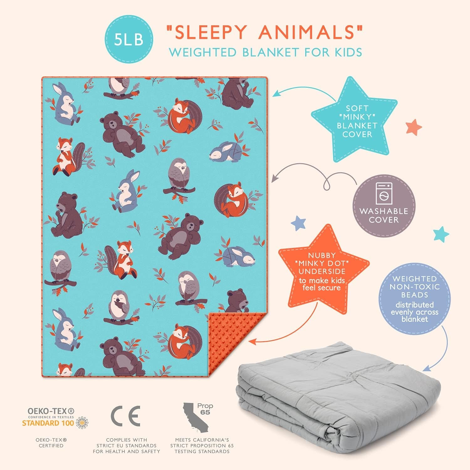 Weighted Blanket for Kids 5Lbs Heavy Blanket, Best for 42-63Lb Children - Warming and Cooling Weighted Comforter with Minky Cover (5Lb, Sleepy Animals)