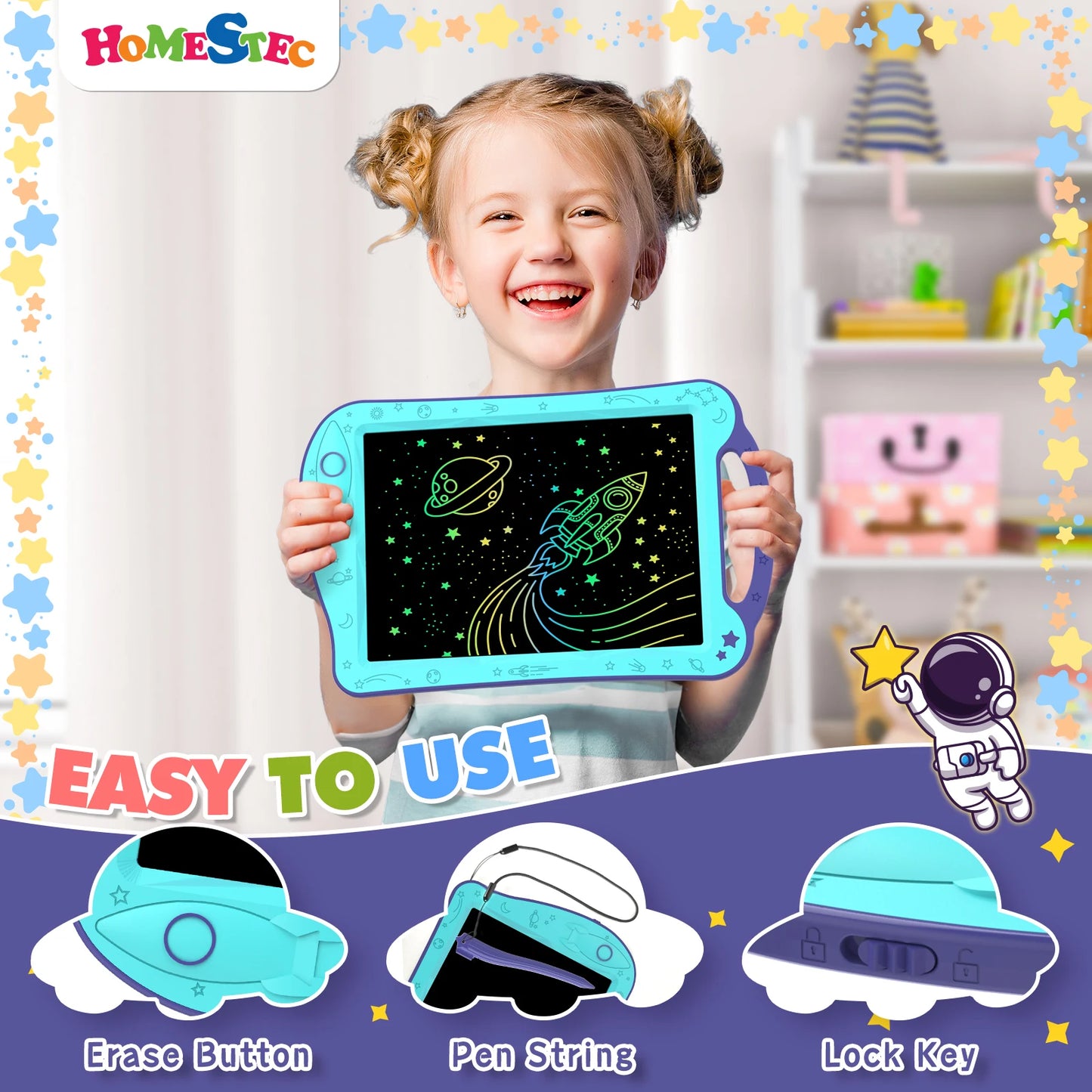 Astrodraw Colored Drawing Tablet for Kids Travel Activities Toy Space Doodle Board Autism Sensory Toddler Gifts for Birthday