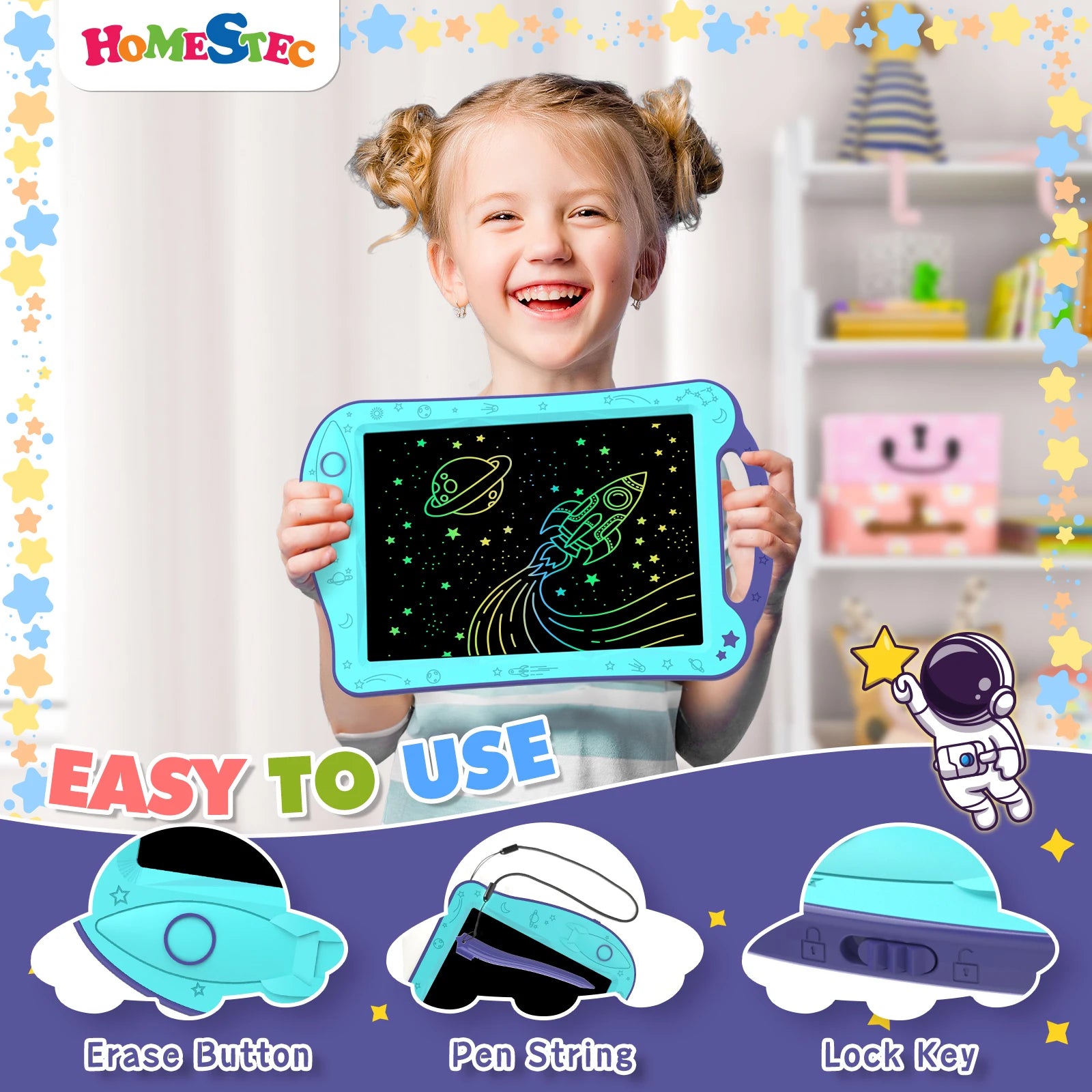 Astrodraw Colored Drawing Tablet for Kids Travel Activities Toy Space Doodle Board Autism Sensory Toddler Gifts for Birthday