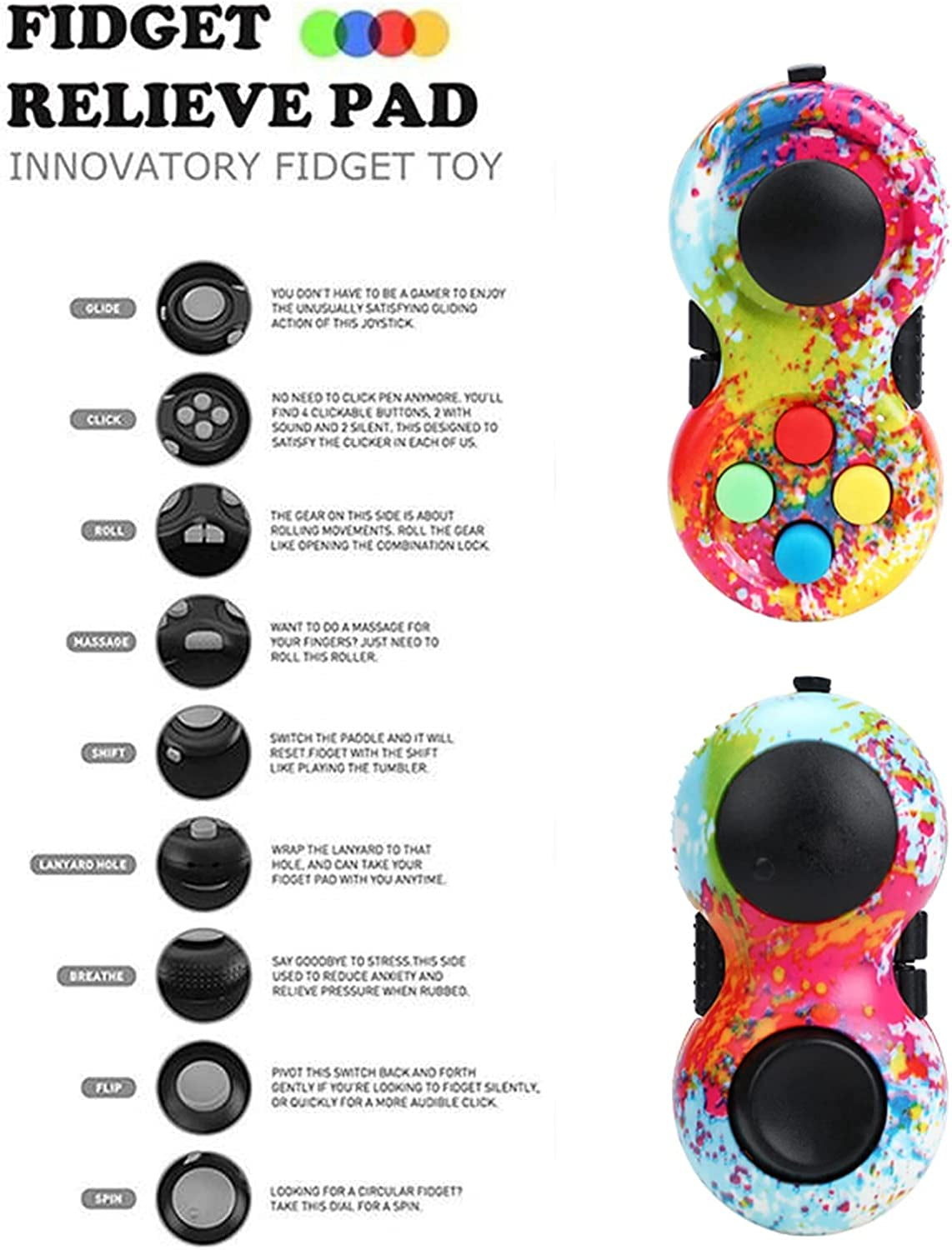 Rainbow Fidget Pad Toy Fidget Controller Pad Fidget Blocks Fidgets Spinner for ADHD ADD OCD Autism Anxiety Stress Relief (Rainbow)