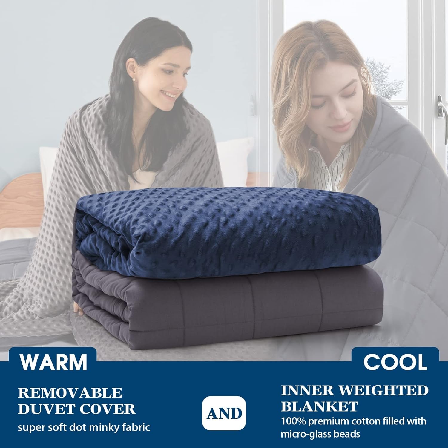 Weighted Blankets for Adults Cooling Weighted Blanket with Washable Cover Queen Size 20Lbs 60"X80",Heavy Blanket with Minky Duvet Cover Cozy Thick Throw Blanket with Premium Glass Beads Blue