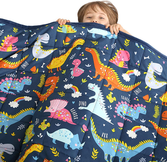 Minky Kids Weighted Blanket 5Lbs 36 X 48 Inches, Soft Kids and Toddler Comforter Great for Calming and Sleeping, Child Bed Size, Dinosaur-Blue