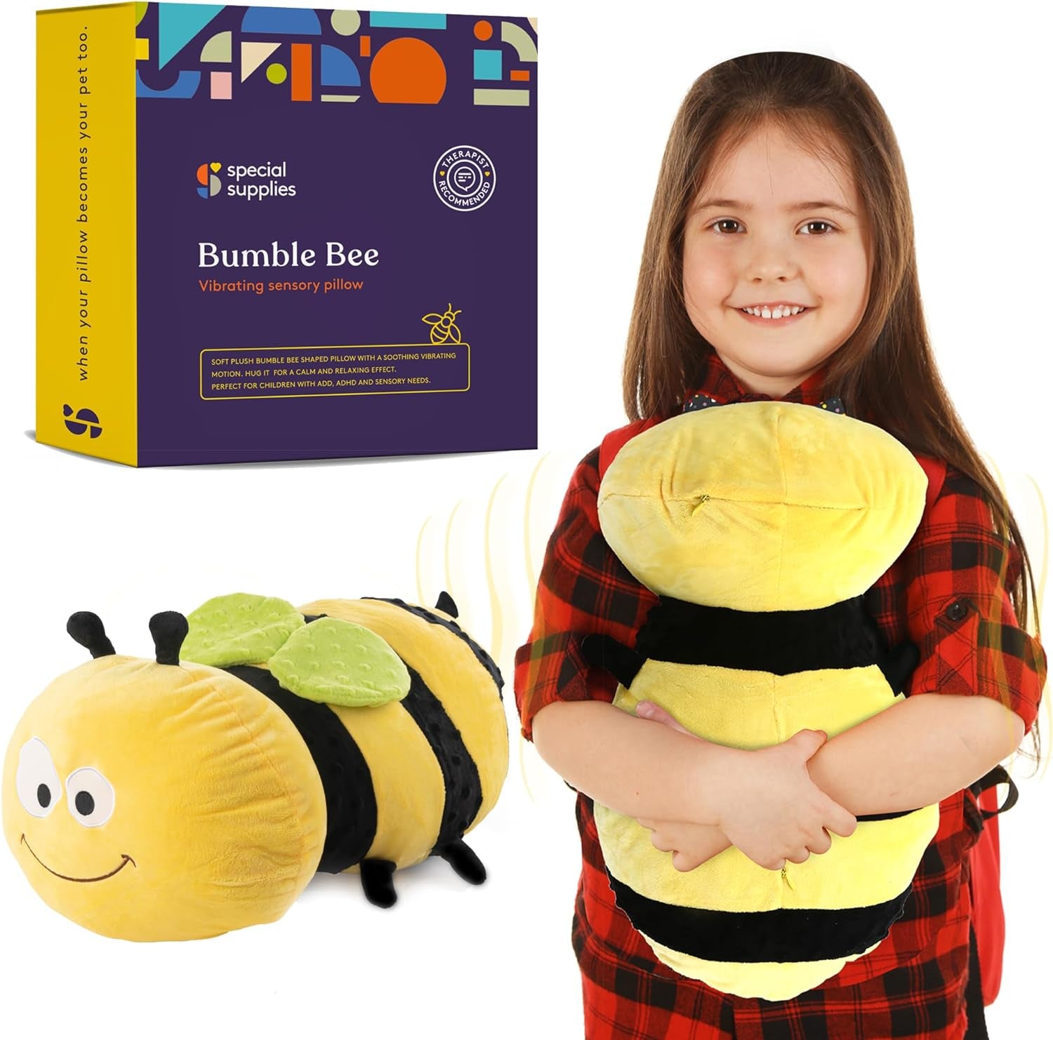 Bumble Bee Sensory Vibrating Pillow, Pressure Activated for Kids and Adults, Plush Minky Soft with Textured Therapy Stimulation Bumps. Size: 11 by 20 Inches