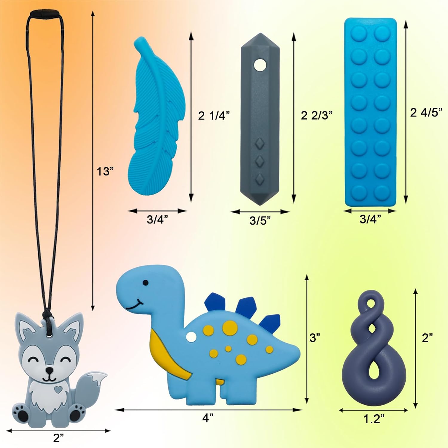 Chew Necklaces for Sensory Kids, 6 Pack Fox and Dinosaur Silicone Chewing Necklace for Boys and Girls with Autism, ADHD, SPD, Sensory Chewy Toys for Autistic Children Reduce Anxiety Fidgeting