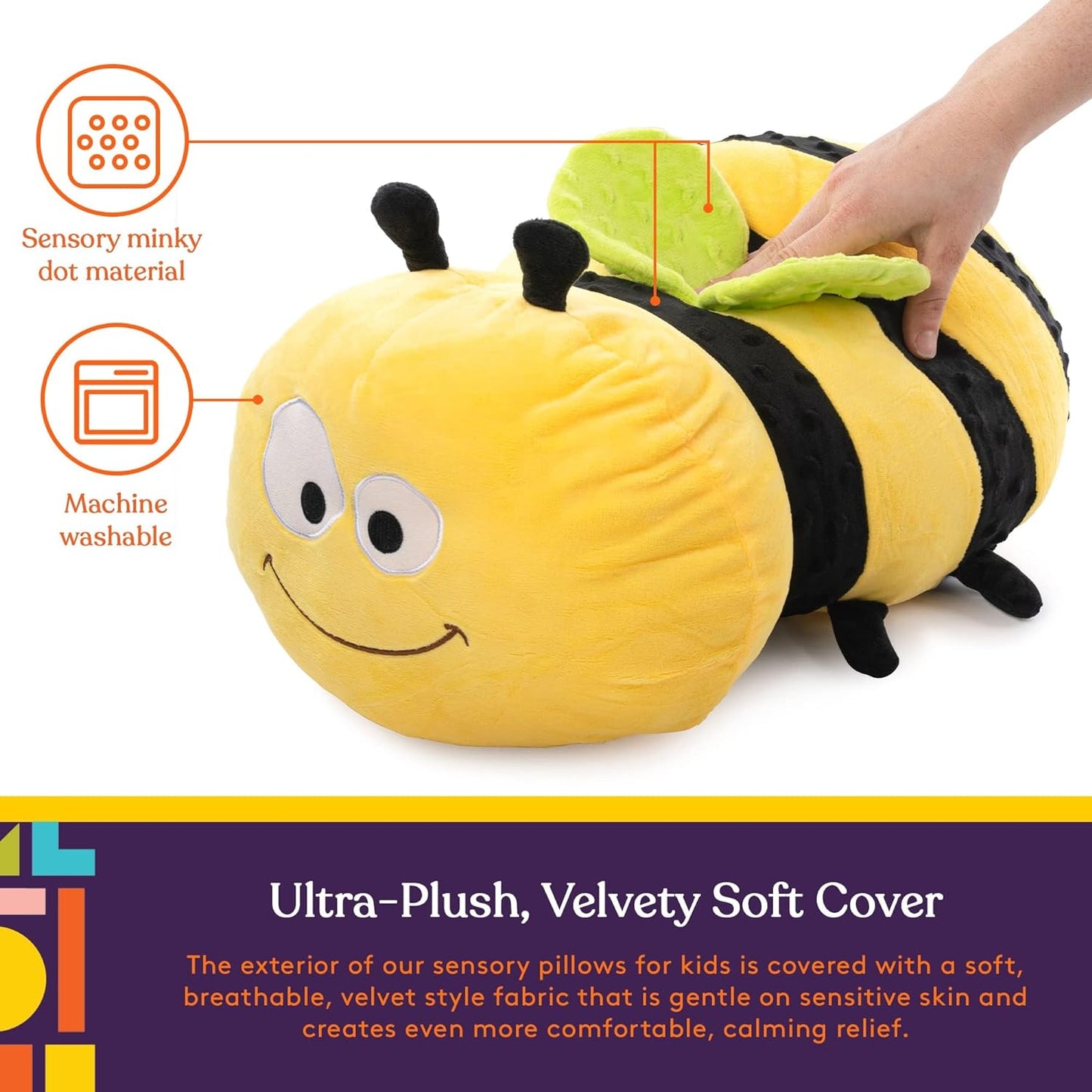 Bumble Bee Sensory Vibrating Pillow, Pressure Activated for Kids and Adults, Plush Minky Soft with Textured Therapy Stimulation Bumps. Size: 11 by 20 Inches