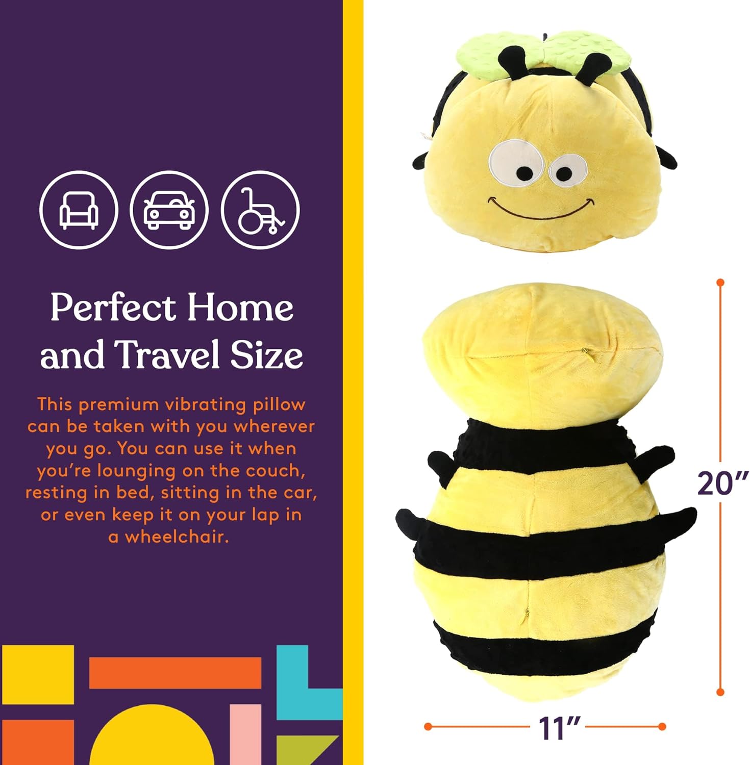 Bumble Bee Sensory Vibrating Pillow, Pressure Activated for Kids and Adults, Plush Minky Soft with Textured Therapy Stimulation Bumps. Size: 11 by 20 Inches