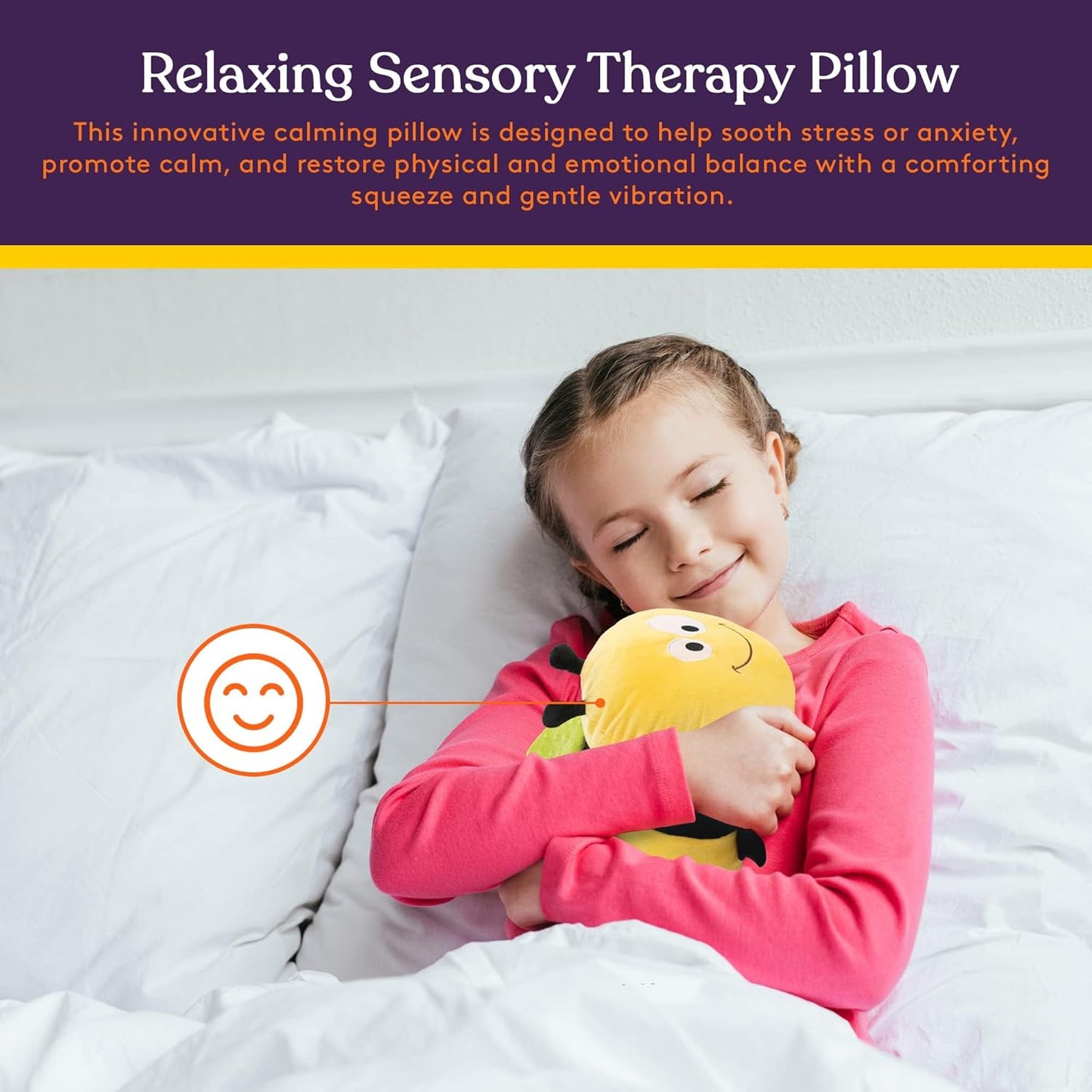 Bumble Bee Sensory Vibrating Pillow, Pressure Activated for Kids and Adults, Plush Minky Soft with Textured Therapy Stimulation Bumps. Size: 11 by 20 Inches