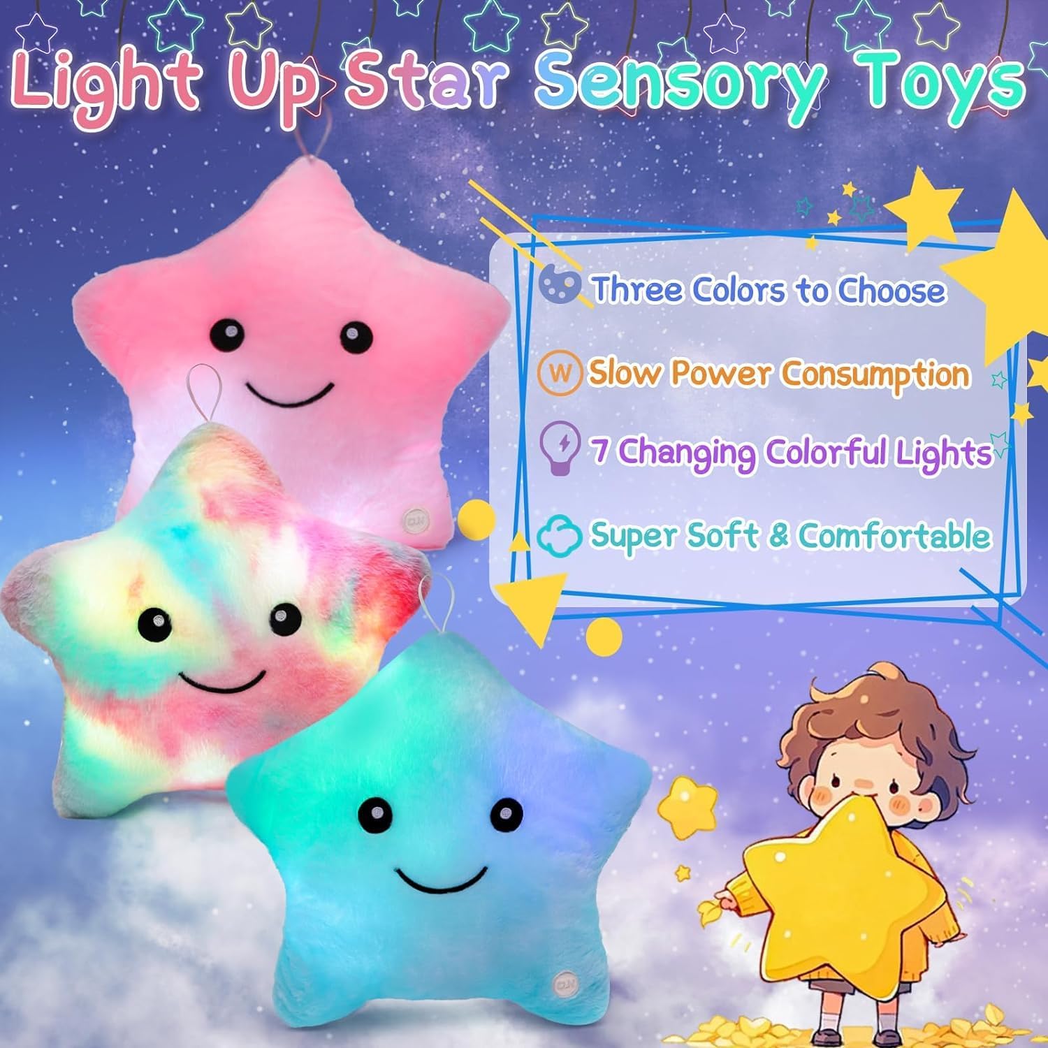 Sensory Toys for Kids with Autism,14" Twinkle Star Plush Toddler Pillow Light up Toys,Autism Sensory Products,Kids Sleep Aid,Toddler Travel Toy,Birthday Xmas Gifts for Boys Girls Age 3-12 Blue