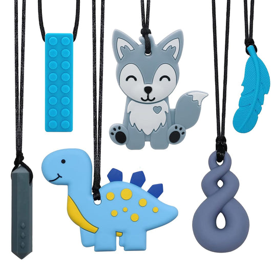 Chew Necklaces for Sensory Kids, 6 Pack Fox and Dinosaur Silicone Chewing Necklace for Boys and Girls with Autism, ADHD, SPD, Sensory Chewy Toys for Autistic Children Reduce Anxiety Fidgeting