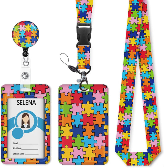 ID Badge Holder with Breakaway Lanyard, Lanyards for ID Badges Name Tags ID Card Holder, Cute Badge Reel Badge Clip Retractable, Autism Awareness Gifts