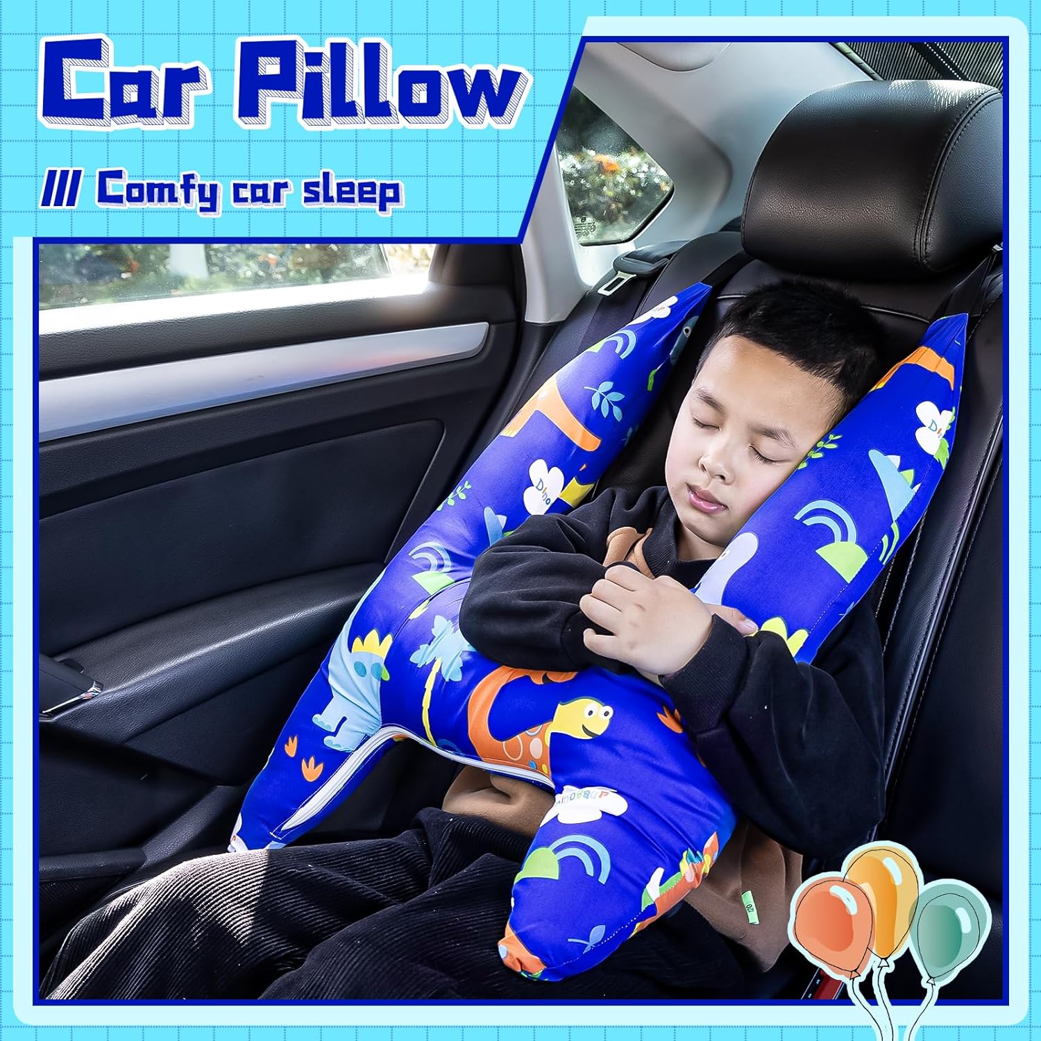 H-Shape Car Seat Pillow for Kids (Blue Dinosaur), Kids Car Pillows for Sleeping, Child Car Sleeping Head Support, Travel Neck Rest Car Seat Pillow for Children Sleeping