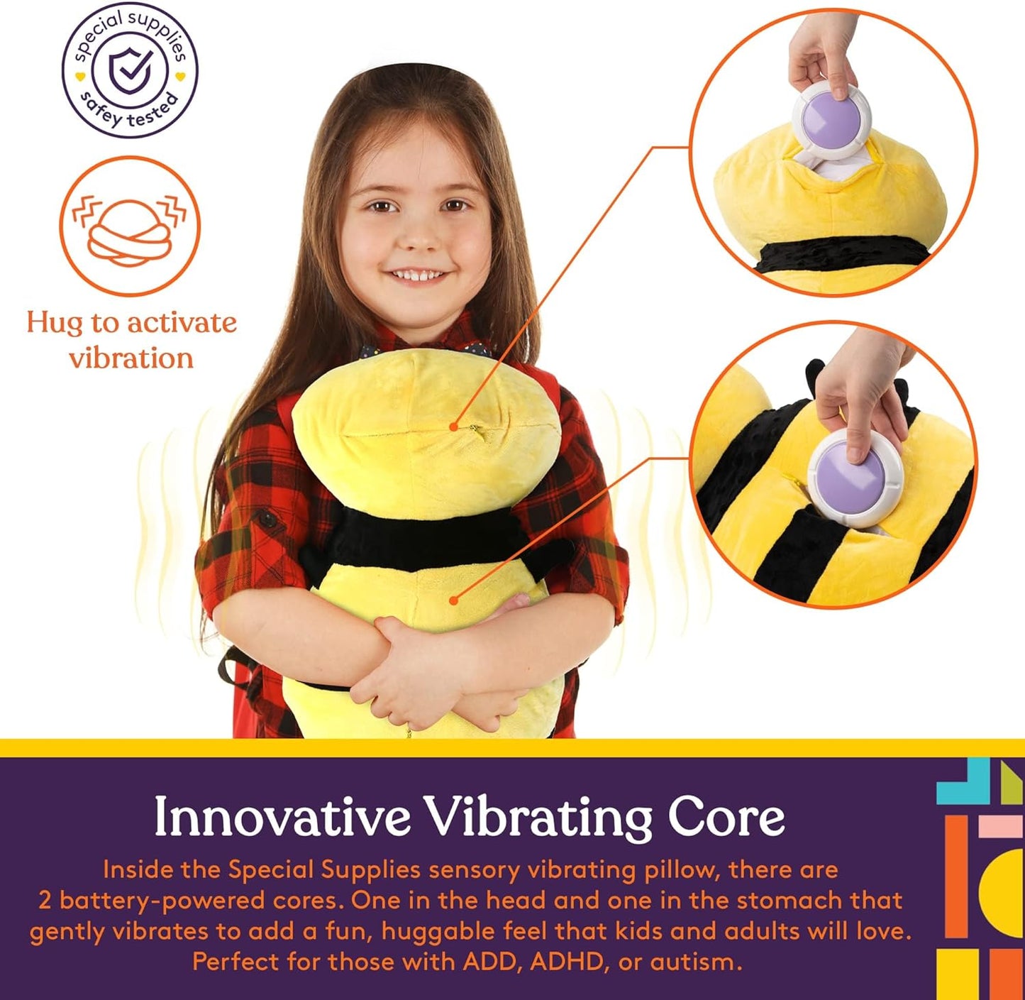 Bumble Bee Sensory Vibrating Pillow, Pressure Activated for Kids and Adults, Plush Minky Soft with Textured Therapy Stimulation Bumps. Size: 11 by 20 Inches