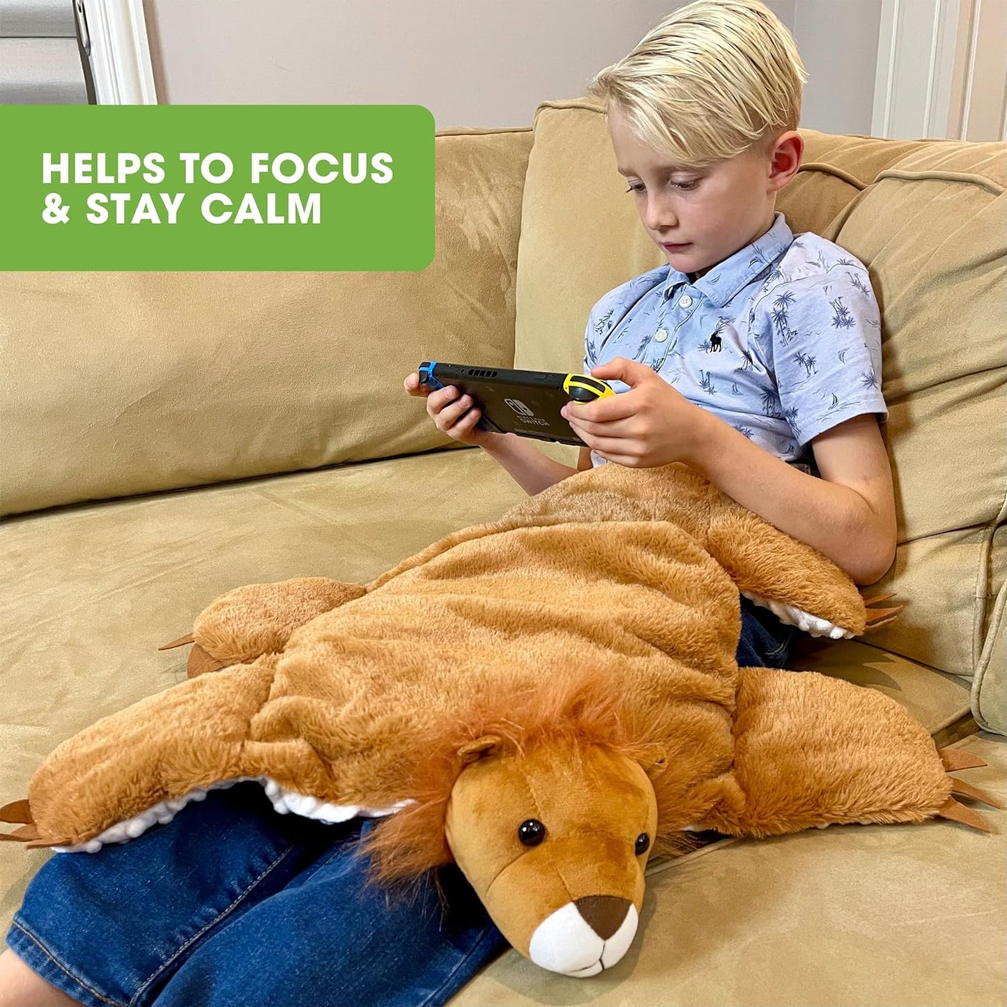 Weighted Lap Pad for Kids (25"X19", 4Lb) Lion, Sensory Weighted Stuffed Animals for Kids, Weighted Lap Blanket for Kids, Toddler, Teen, Removable, Washable Cover