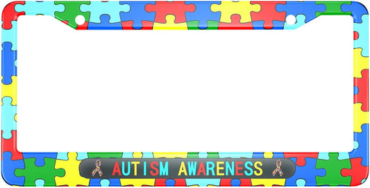 Autism Awareness License Plate Frame Colorful Puzzle Ribbons Metal License Plate Cover Front Plates Frames Car Tag Frame for Women Men US Vehicles Standard